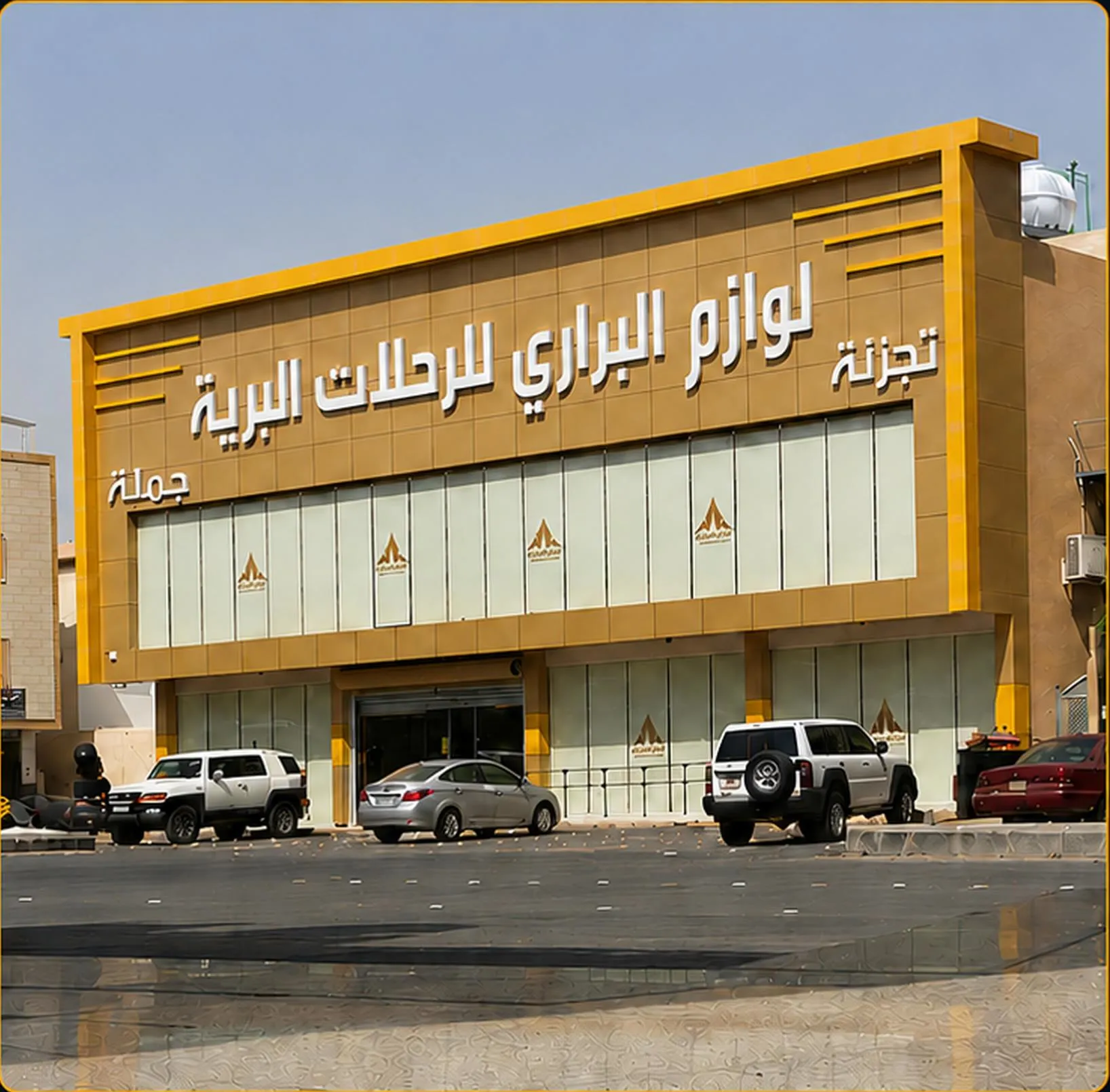 واجهة مبنى لوازم البراري التجاري بعد أعمال البناء والتشطيب، مع واجهات العرض واللافتة.