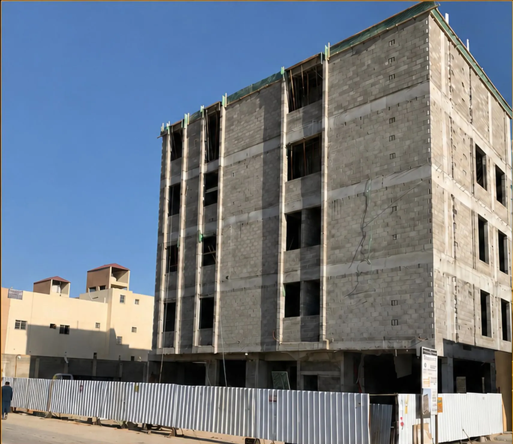 عمارة مجمع الرسام السكني في المزاحمية خلال أعمال الهيكل، قبل اكتمال الواجهات.